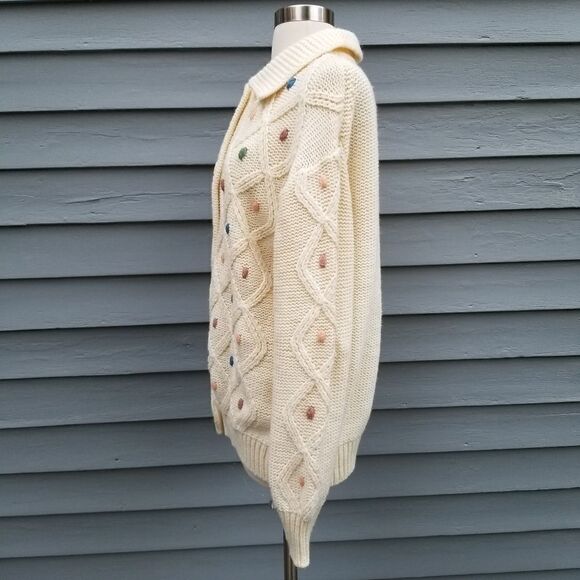 Vintage 70s Pastel Dots Cream Acrylic Fisherman Button Down Cardigan Sweater Lg - Picture 5 of 9
